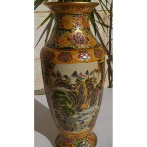Vintage Royal Satsuma Vase Mountain Scene & Florals 12" Moriage Gold Tone Green